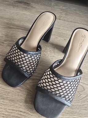 Black Mesh Slide Mules with Block Heel - Women's